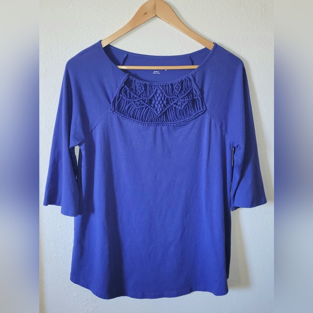 Soft Surroundings Zalie Tunic Top Woven Amparo Blue Macrame M Medium 3/4 Sleeve